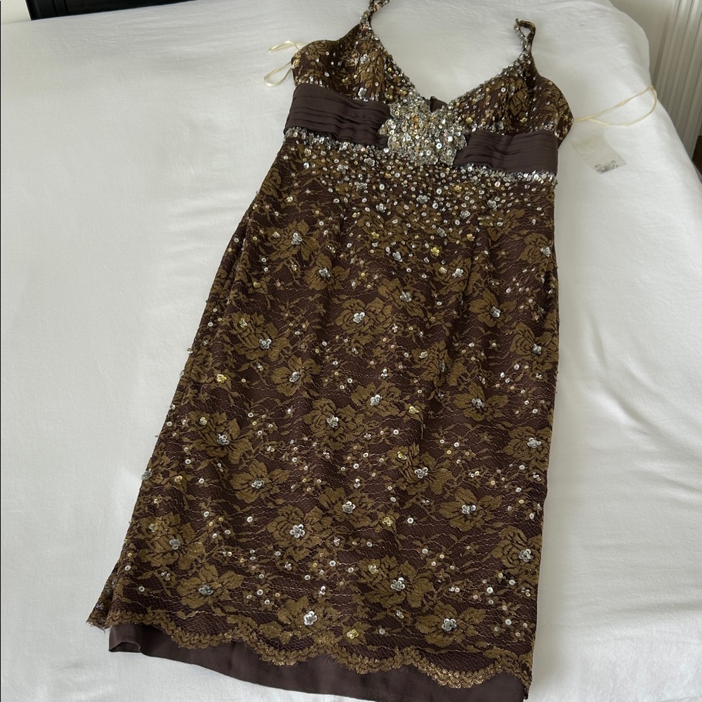 Elegant Brown Sequin Evening Gown 10 see measurements fits smaller
